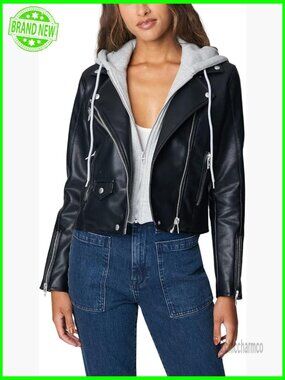 Vegan Leather Moto Jacket with Removable Hood, Classic Fit